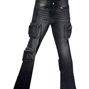 Golden Los Angeles Cargo Jeans Mens 32 Black Whiskering Denim Utility Pockets